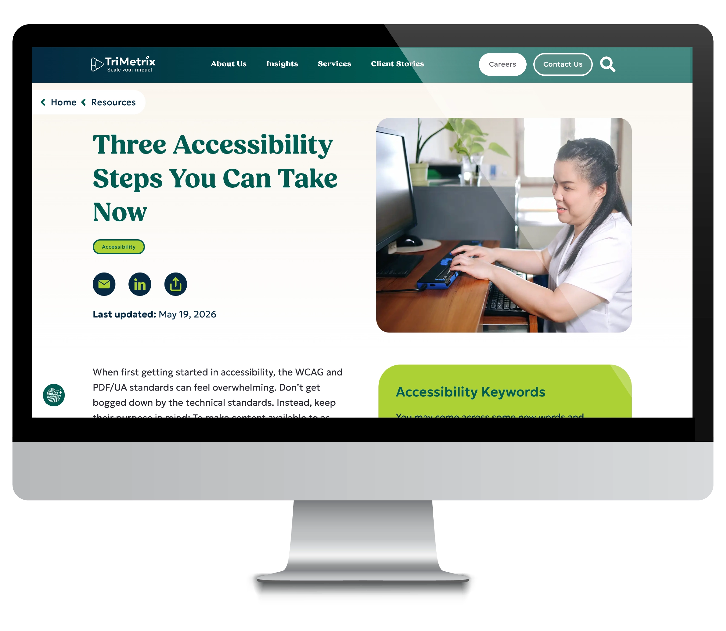 TriMetrix website showing the resource "Three Accessibility Steps You Can Take Right Now"